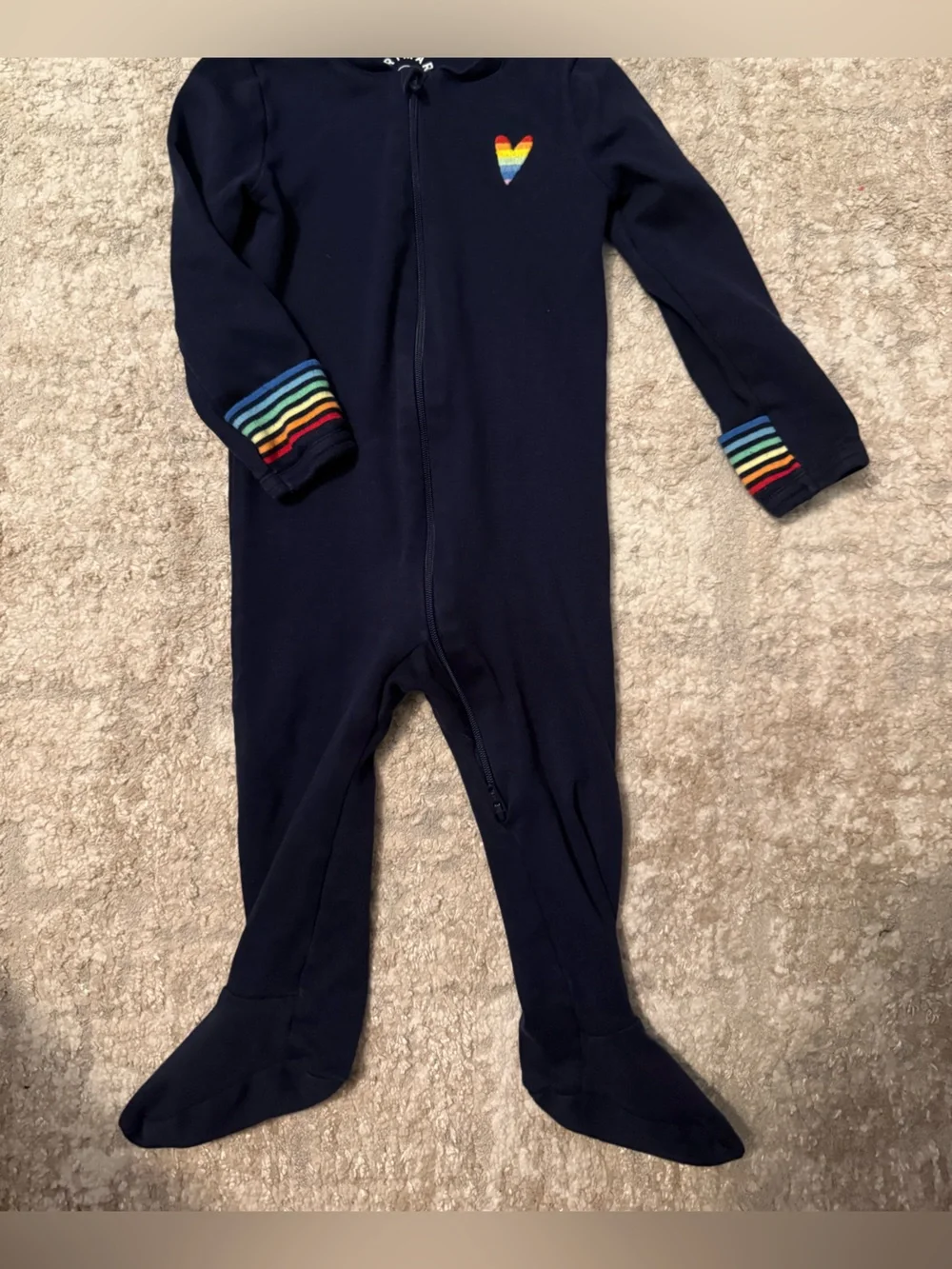 Primary Navy Footed One-Piece with Rainbow Heart and Striped Cuffs size 6/9M
